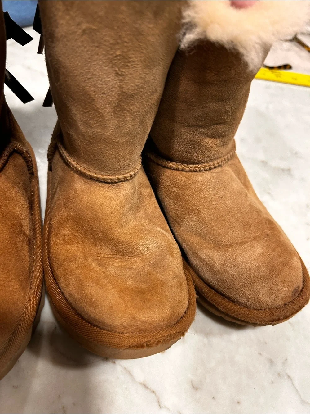 2 pair UGG Chestnut Satin Bow Back Shearling Booties, TWINS, Sz 11, excellent